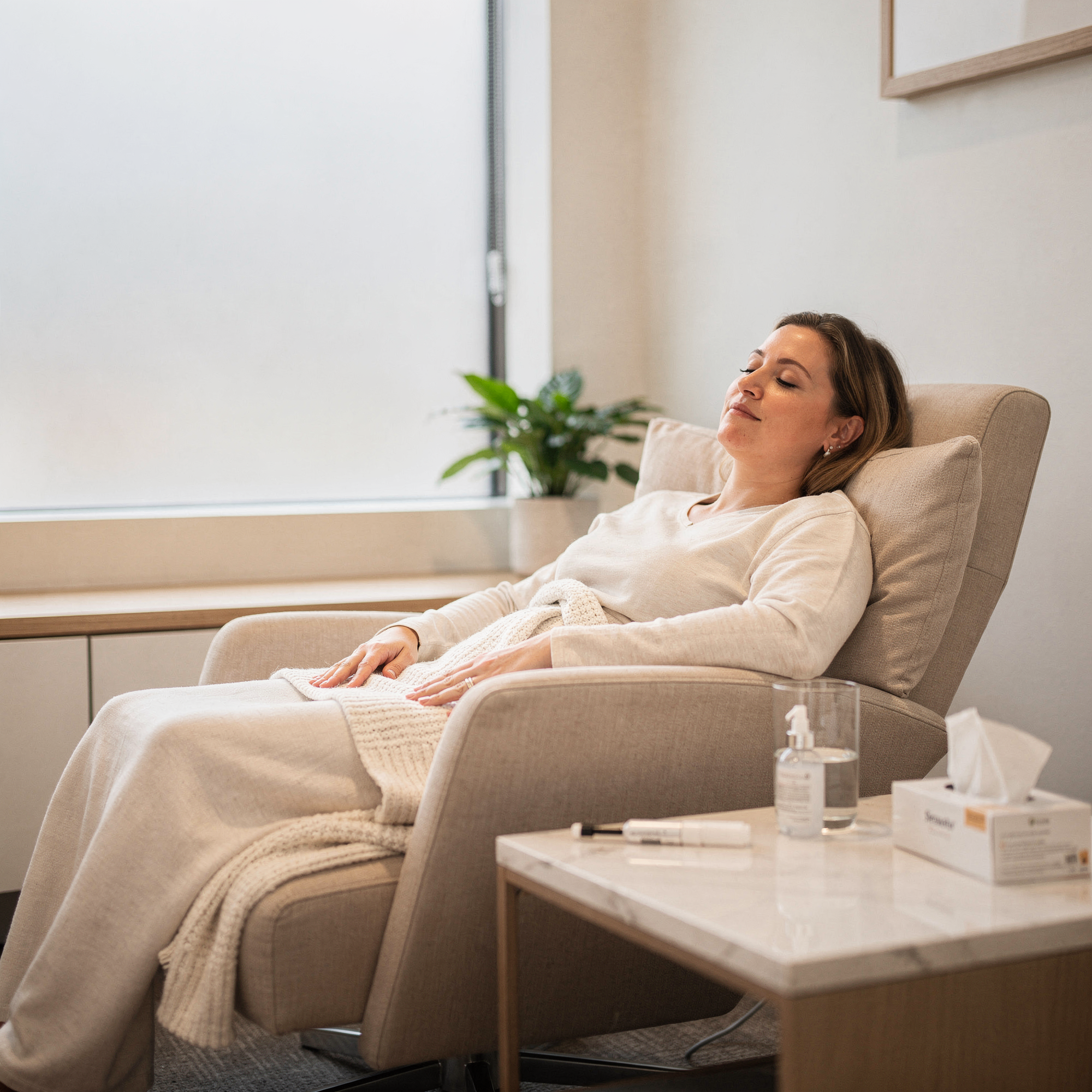 Patient relaxing in a comfortable chair during Spravato treatment at Neowellnez's Olathe office